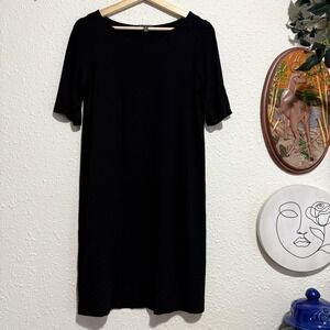 Eileen Fisher Black Dress XS Petite Short Sleeve Minimalist quiet luxury stretch